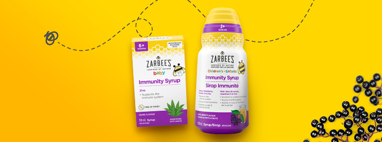 Zarbee’s® Immunity Syrup products on a yellow background, surrounded by honey and elderberry