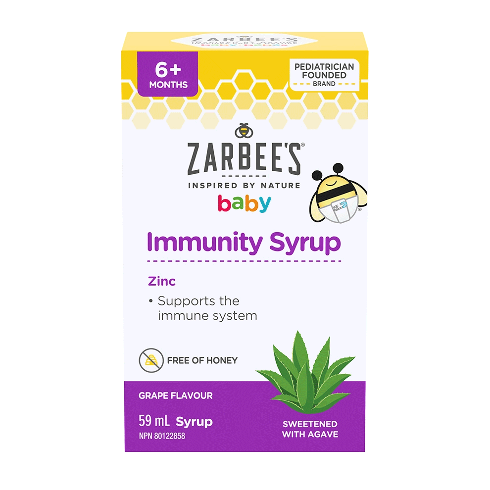 Front packaging of Zarbee’s® Baby Immunity Syrup made with zinc, 59mL