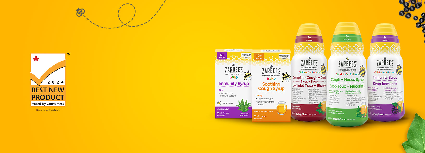 Banner including a logo of 2024 best new product award, voted by Canadian consumers and front shot of five Zarbee’s® Immunity and Cough products.