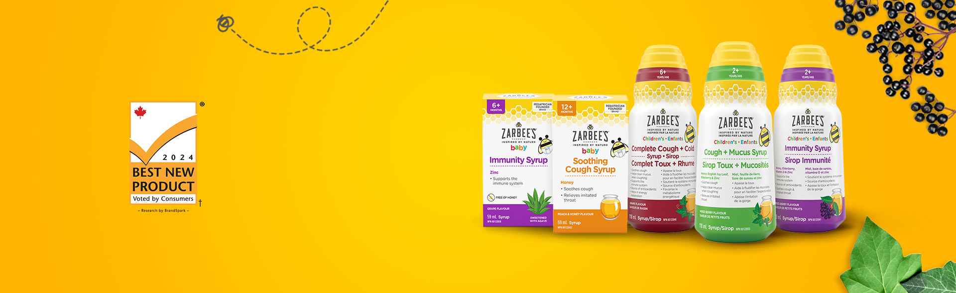 Banner including a logo of 2024 best new product award, voted by Canadian consumers and front shot of five Zarbee’s® Immunity and Cough products.