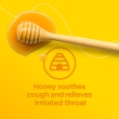 Image of honey  on yellow background with a claim stating 'honey soothes cough and relieves irritated throat'