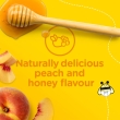Peaches and honey strewn across a yellow background with the text 'naturally delicious peach and honey flavour'