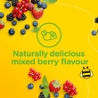 Mixed berries strewn across a yellow background with the text 'naturally delicious mixed berry flavour'