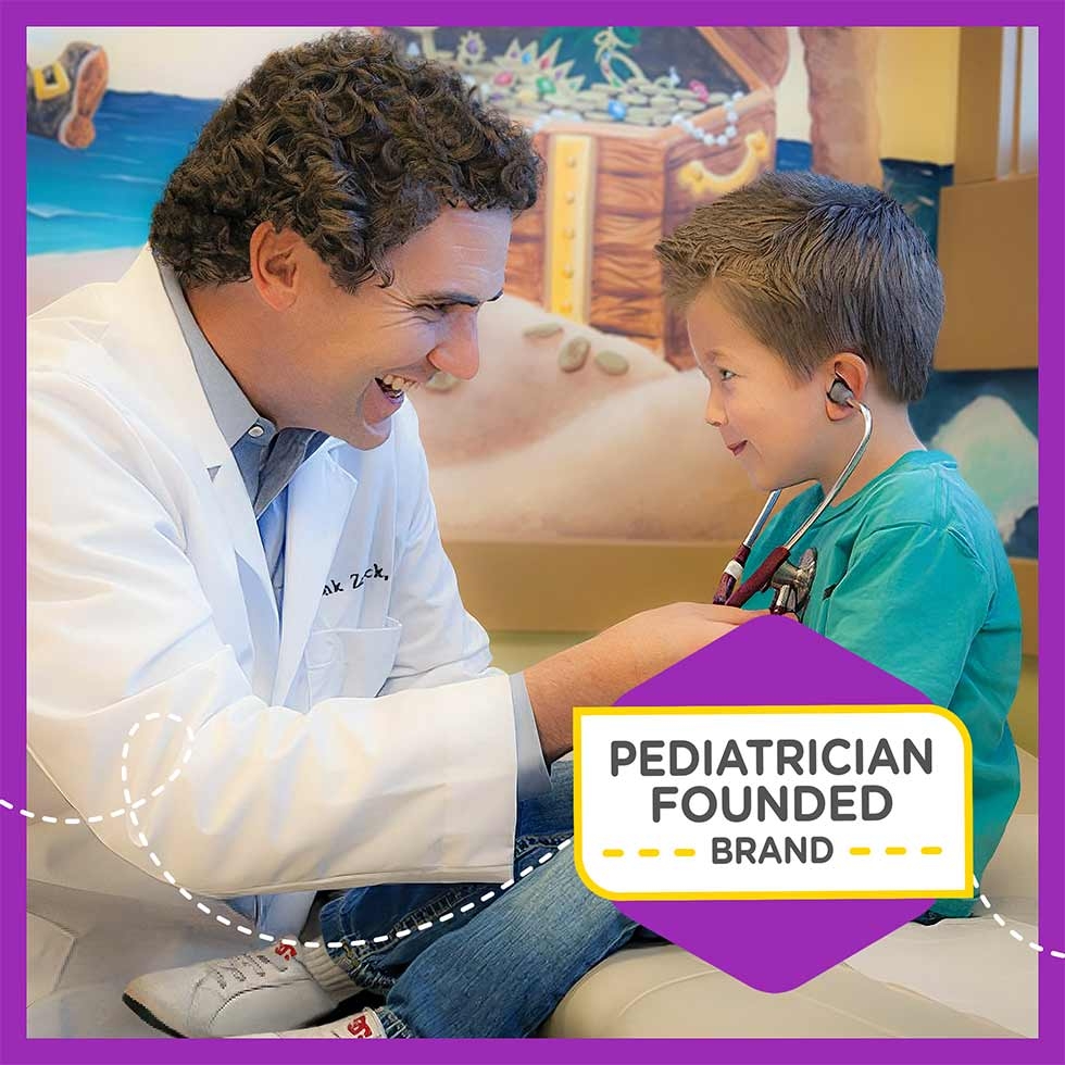 Pediatrician Dr. Zak Zarbock holding a stethoscope and smiling at a little boy with a statement saying 'Pediatrician founded brand'