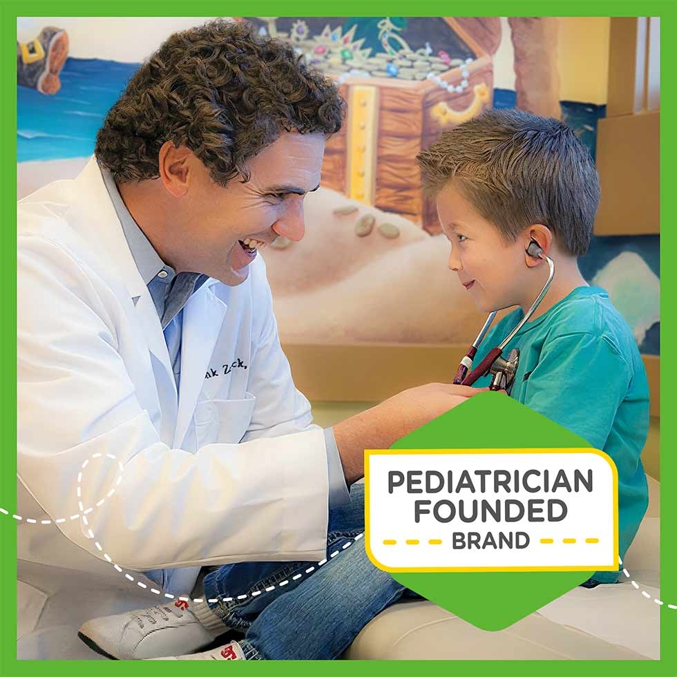 Pediatrician Dr. Zak Zarbock holding a stethoscope and smiling at a little boy with a statement saying 'Pediatrician founded brand'
