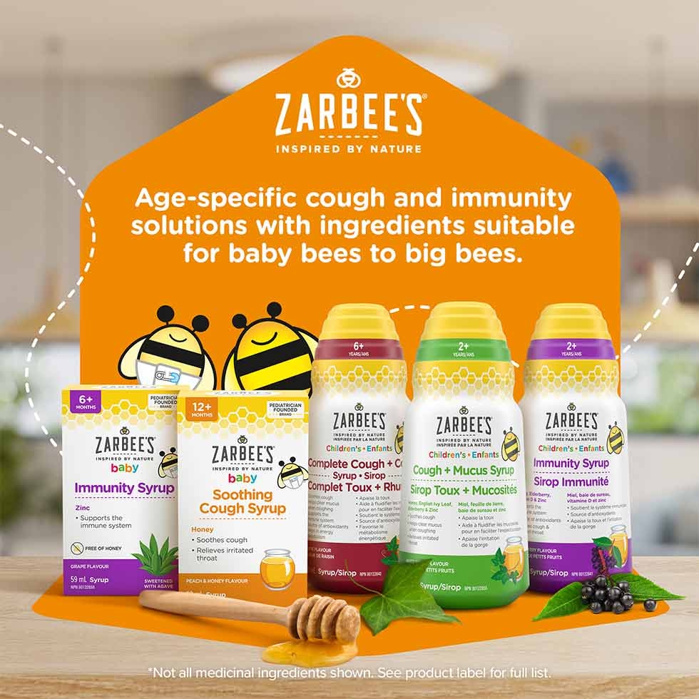 Five Zarbee’s® immunity and cough syrup products for babies and children